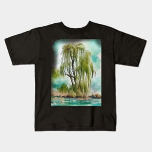 Weeping willow tree watercolor painting #1 Kids T-Shirt